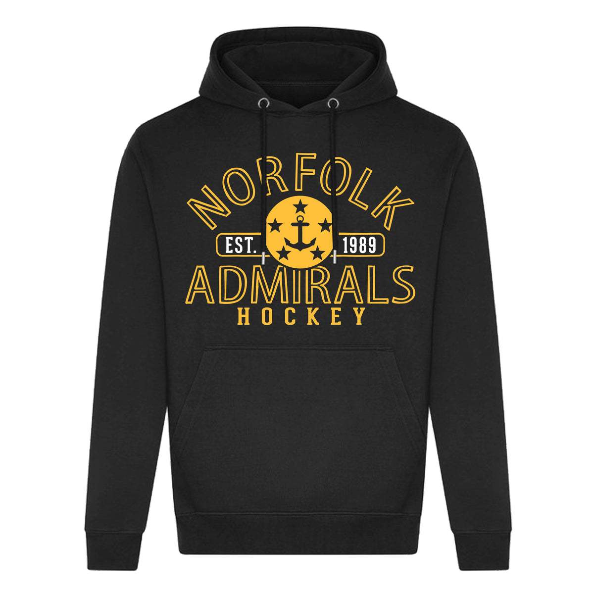 A black pullover hoodie with a yellow and white graphic on the chest reading 'NORFOLK ADMIRALS HOCKEY' and 'EST. 1989' with an anchor emblem, shown on a plain white background.