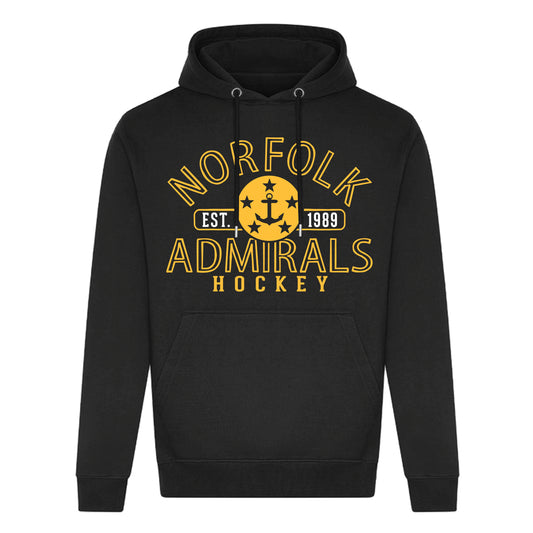 A black pullover hoodie with a yellow and white graphic on the chest reading 'NORFOLK ADMIRALS HOCKEY' and 'EST. 1989' with an anchor emblem, shown on a plain white background.
